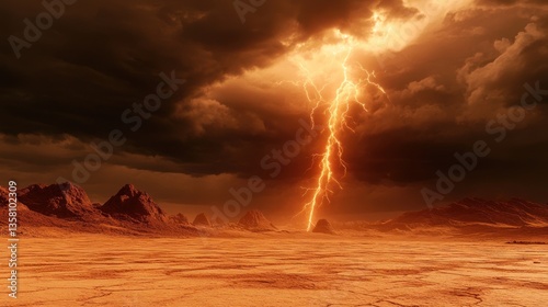Martian Landscape With Dramatic Lightning Storm