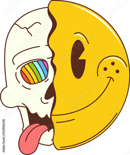 Retro hippie groovy symbol of surreal half skull with psychedelic rainbow eye and half smile yellow face with playful yet eerie expression blending life and death, symbolizing contrast and duality