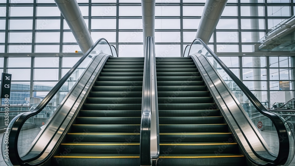 An empty escalator in a bright airport terminal An empty escalator in a bright airport terminal