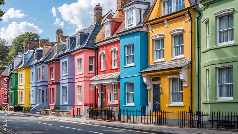 Charming row of vibrantly colored houses on street Charming row of vibrantly colored houses on street