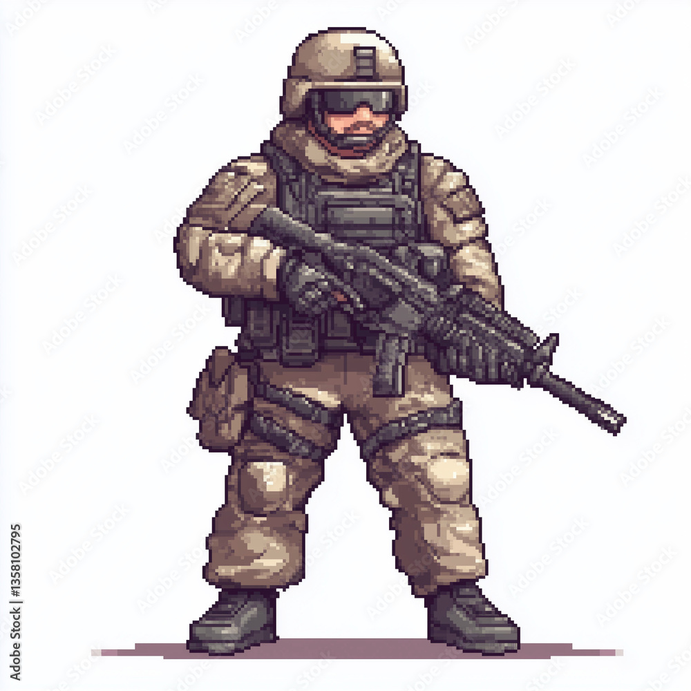 8-bit pixel-style soldier video game character design on white background 8-bit pixel-style soldier video game character design on white background