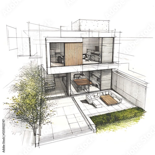 Detailed cross sectional architectural drawing with floor plan and layout image