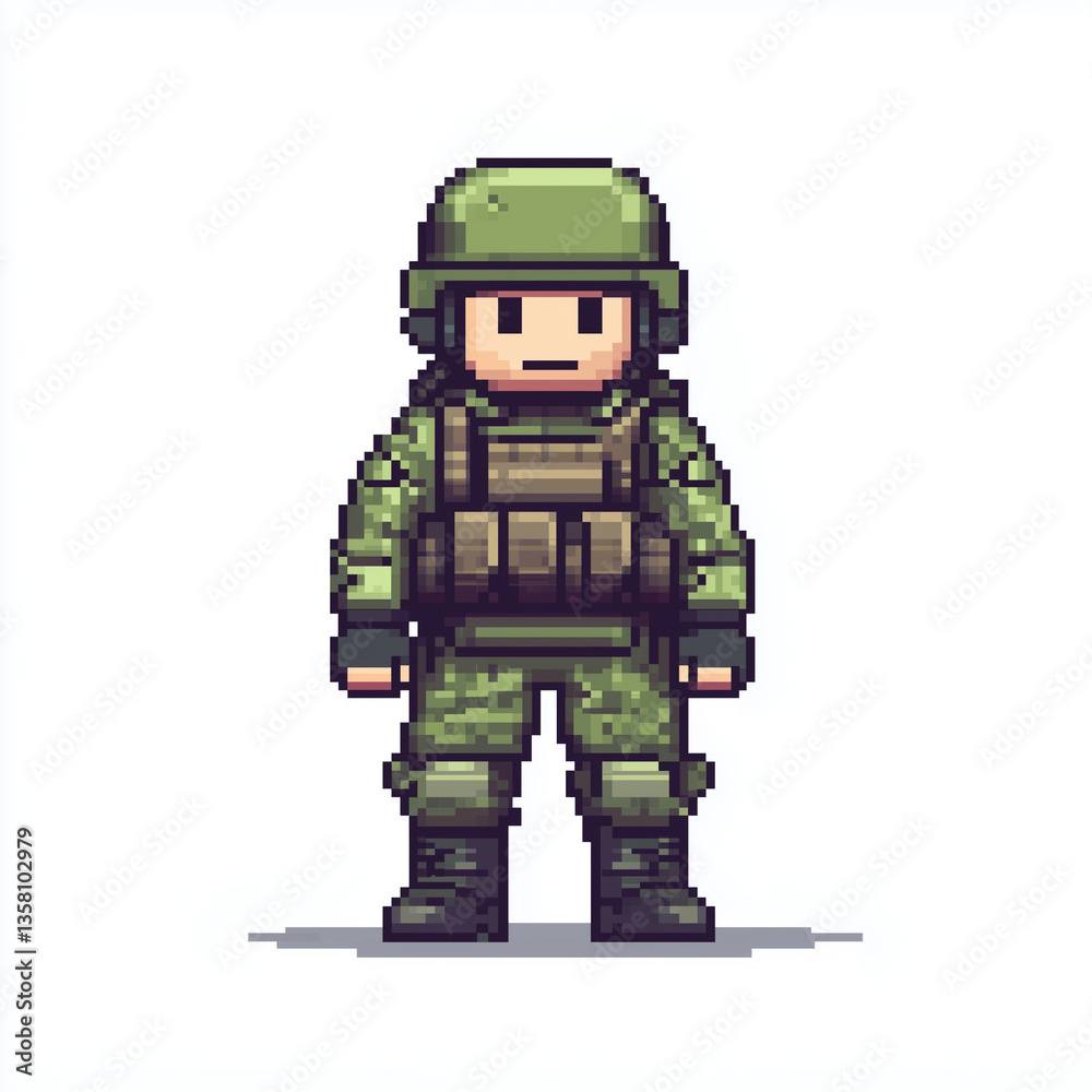 Fototapeta premium 8-bit pixel-style soldier video game character design on white background