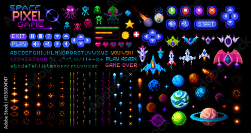 Arcade space 8 bit pixel art game asset. Retro video game interface vector icons set of pixel aliens, spaceships, space rockets and planets, UFO, stars and asteroids. Digital font alphabet and buttons