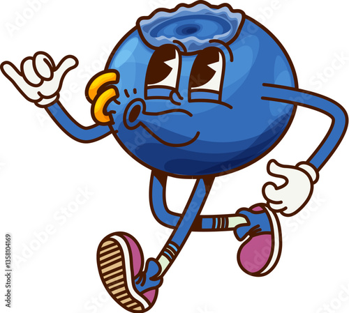 Groovy blueberry pirate and corsair character with shaka gesture and sailor earrings. Vector cool and stylish berry filibuster personage wears retro sneakers and has a laid back expression and y2k fun