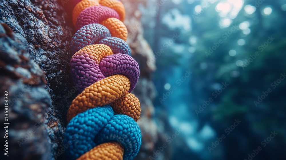 Obraz premium Different colored ropes tied in tight knots represent teamwork, struggle, and modern challenges, symbolizing unity, tension, collaboration, and overcoming obstacles together