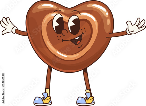 Groovy retro cartoon chocolate candy heart or sweet character with happy face, vector emoji. Funny cute groovy chocolate heart candy or choco praline with cheerful smile as retro cartoon character