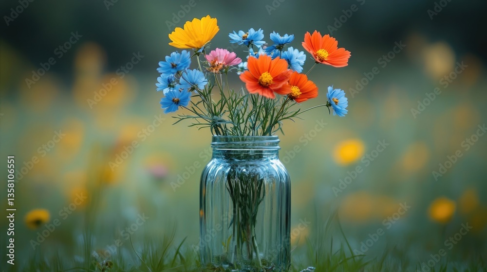 Obraz premium Colorful cosmos bouquet in glass jar, outdoor field