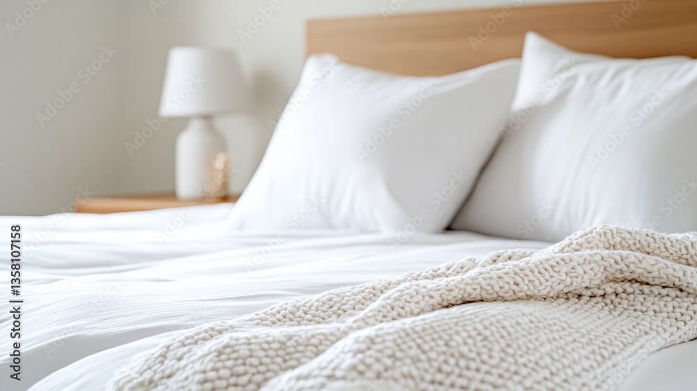 Cozy and inviting white bed with knitted blanket in peaceful bedroom setting Cozy and inviting white bed with knitted blanket in peaceful bedroom setting