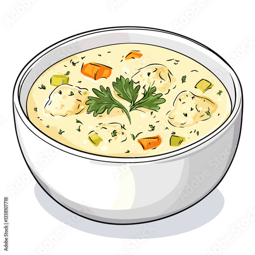 Creamy Knoephla Soup with Dumplings and Vegetables Illustration