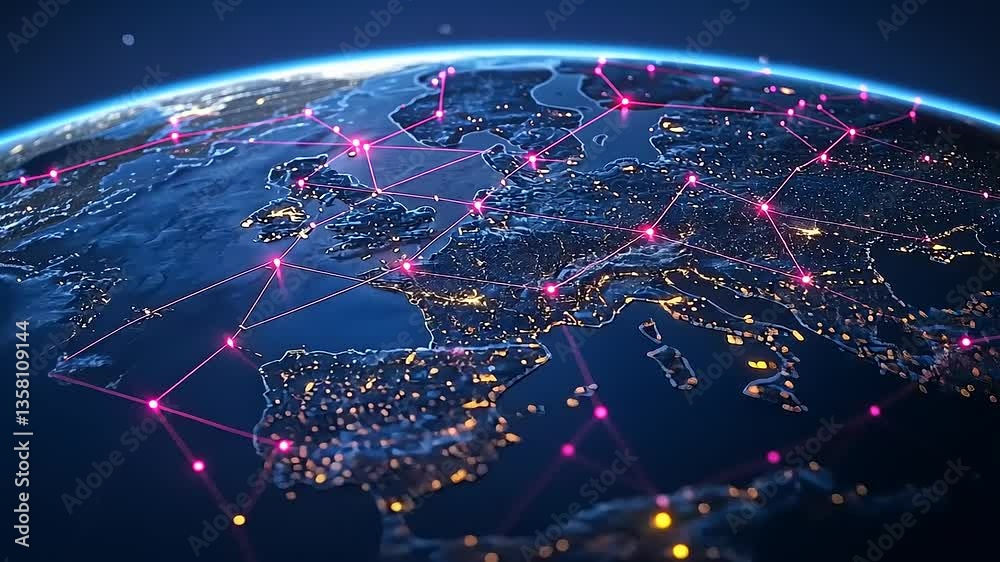 Aerial view of Europe at night showcasing illuminated cities and interconnected networks across the continent