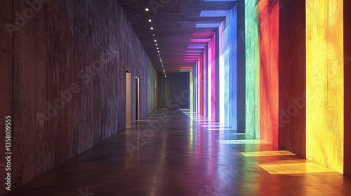 A concrete hallway illuminated with colored light effects and doors