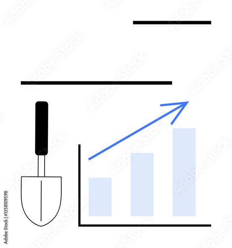 Gardening trowel next to ascending bar chart with arrow, showcasing growth and development. Ideal for sustainability, agriculture, gardening, growth, business development, progress ecology. Flat