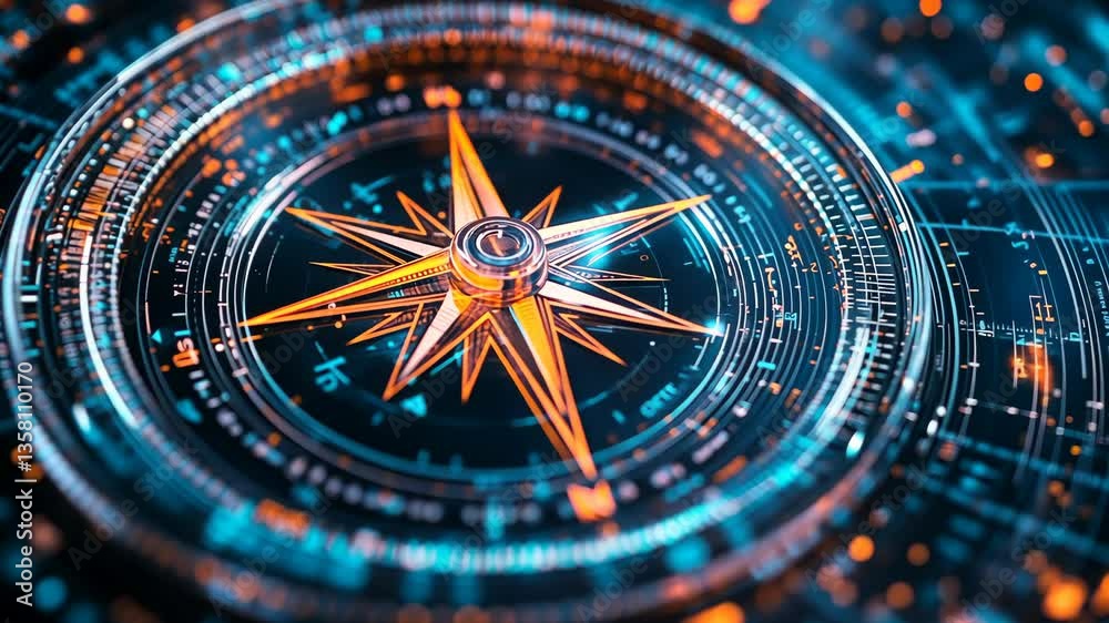 Shining digital compass design highlighting navigation and technology in a vibrant, futuristic style