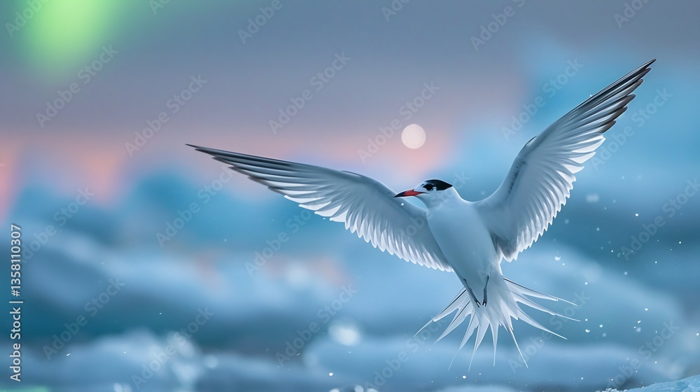 Fototapeta premium Breathtaking Arctic tern with its wings fully extended flying over icy waters with floating icebergs in the background The aurora borealis faintly glows in the night sky