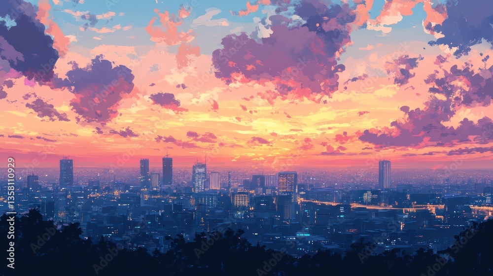 Fototapeta premium Cityscape Sunset Painting Vibrant Colors Skyline