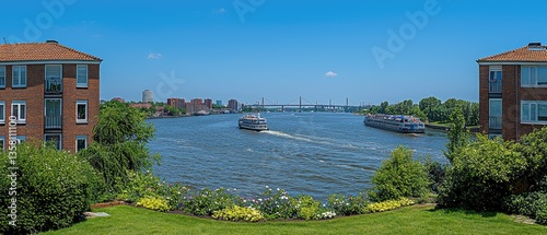 Serene river view, boats passing under a bridge, seen from a manicured lawn between two brick buildings on a sunny day