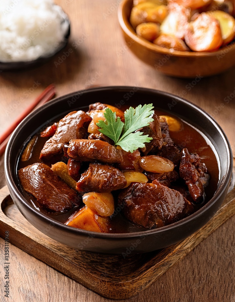 Delicious adobo stew served with rice and traditional Filipino side dishes Delicious adobo stew served with rice and traditional Filipino side dishes