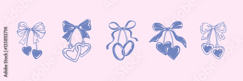 Bow ribbon cherry doodle hand drawn design elements for wedding, engagement, bachelorette party, valentines day, romantic date greeting card and invitation. Coquette whimsical minimalist drawing