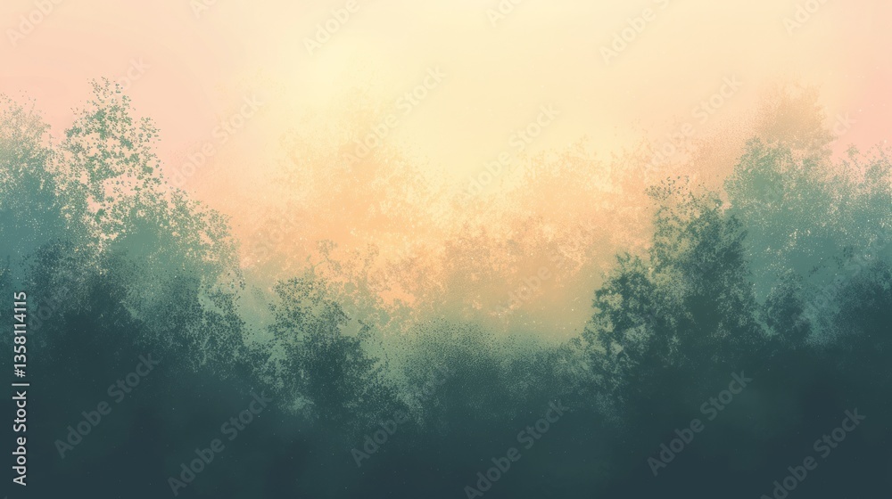Abstract Forest Landscape, Nature Background, Sunrise Scenery, Misty Trees, Atmospheric Texture Abstract Forest Landscape, Nature Background, Sunrise Scenery, Misty Trees, Atmospheric Texture