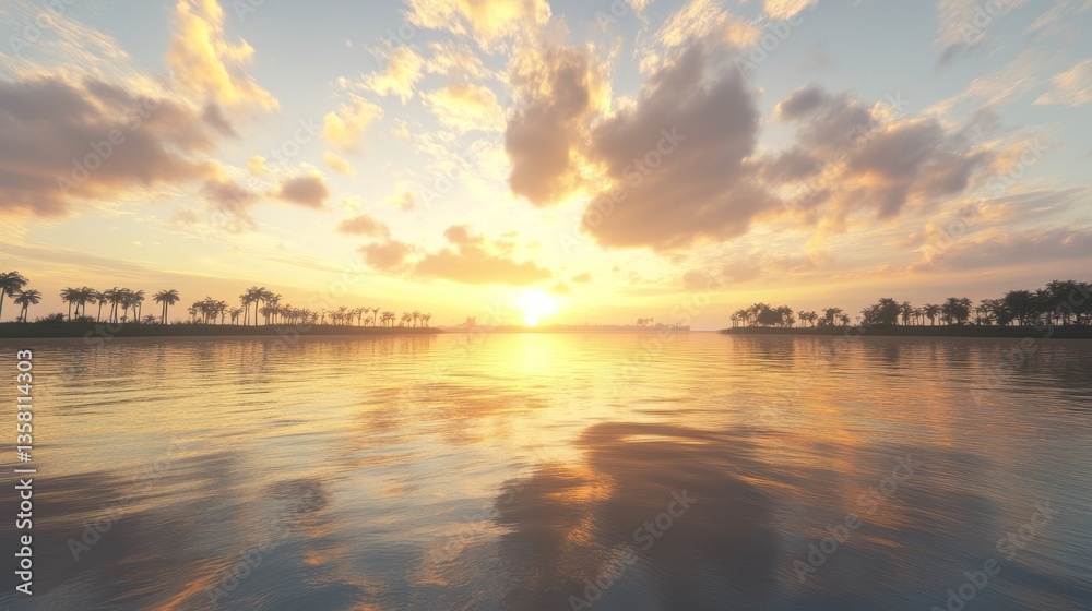 Serene Sunset Over Tropical Island Palms Reflecting In Calm Waters Serene Sunset Over Tropical Island Palms Reflecting In Calm Waters