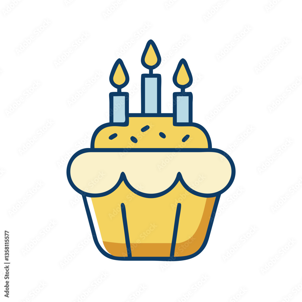 Birthday cupcake icon with three candles in blue and yellow colors Birthday cupcake icon with three candles in blue and yellow colors