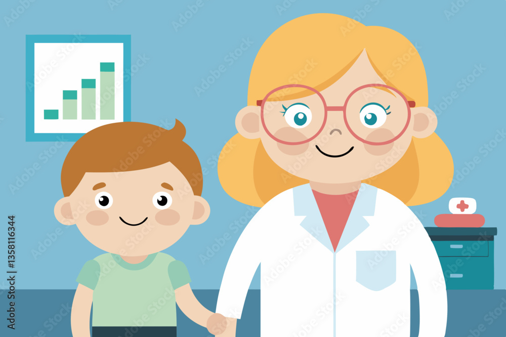 Fototapeta premium A pediatric healthcare professional stands beside a young child in a clinic environment, both smiling warmly. The practitioner is dressed in a white coat with glasses, showcasing a friendly demeanor