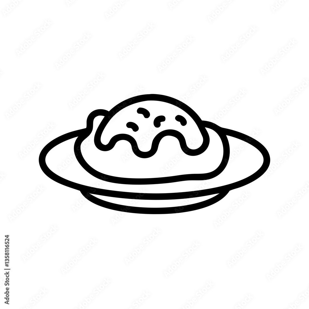 Meatball with sauce icon in black and white outline style Meatball with sauce icon in black and white outline style