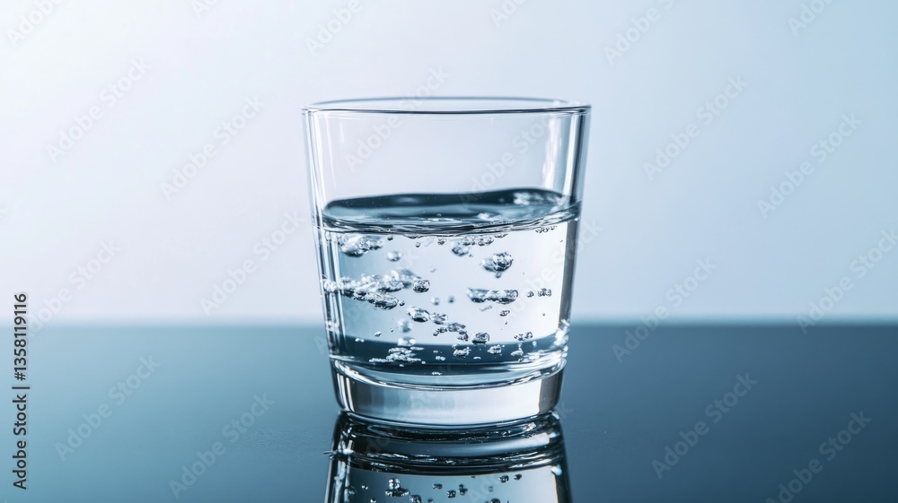 Clear glass of water with bubbles on reflective surface Clear glass of water with bubbles on reflective surface