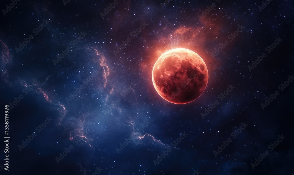 Obraz premium A red planet is in the sky with a blue background