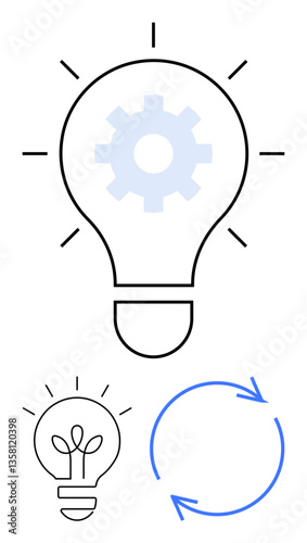Light bulb with gear in the center, small light bulb variant, and circular arrows. Ideal for innovation, creativity, technology, process, brainstorming solutions sustainability. Flat simple