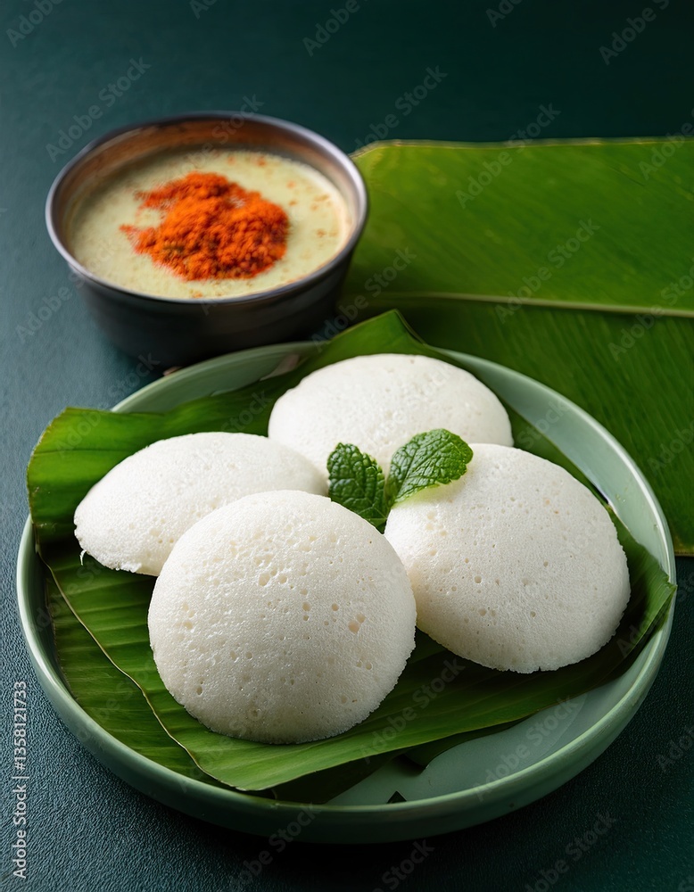Delicious idli served with dipping sauce and spices on a banana leaf platter Delicious idli served with dipping sauce and spices on a banana leaf platter