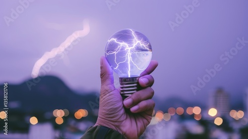 Glowing lightbulb held up with lightning in background, showcasing power of electricity and nature
