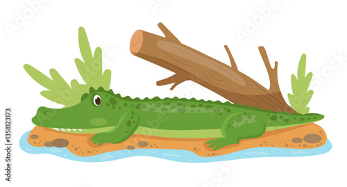 Vector illustration of a crocodile on a riverbank with a log in a simple outdoor scene. The scene captures a cute animal in its natural habitat.