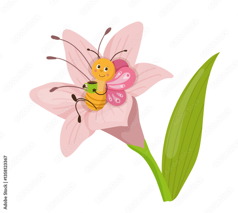 Fototapeta premium Vector illustration of a bee resting with a cup of tea on a pink flower in a simple outdoor scene. The scene captures a cute insect in its natural environment.