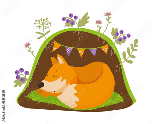 Vector illustration of foxes sleeping in a den surrounded by flowers in a simple outdoor scene. The scene captures cute animals in their home.