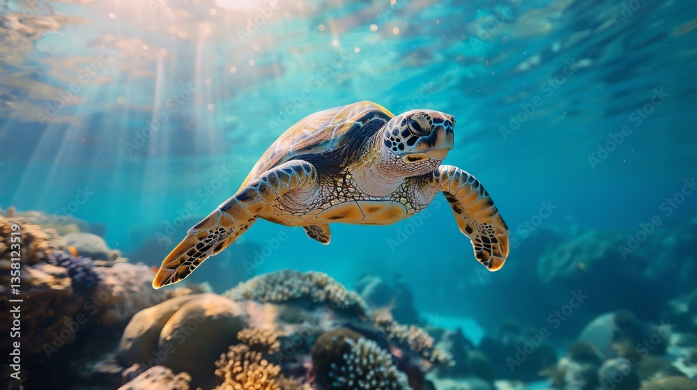 Fototapeta premium Critically endangered hawksbill sea turtle gliding gracefully above artificial coral reef nursery where marine biologists work to restore damaged reef ecosystems Sunbeams penetrate the turquoise water
