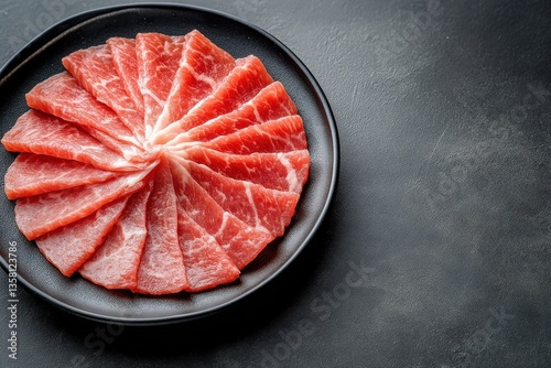 Thinly Sliced Red Meat on a Black Plate with a Sleek Presentation