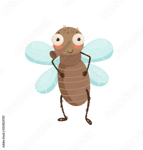Vector illustration of a cute fly with big eyes and light blue wings.