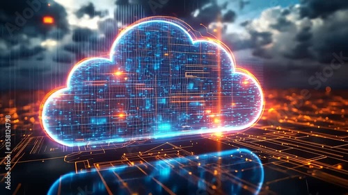 Wallpaper Mural Futuristic digital cloud technology with glowing data streams over a circuit board landscape Torontodigital.ca