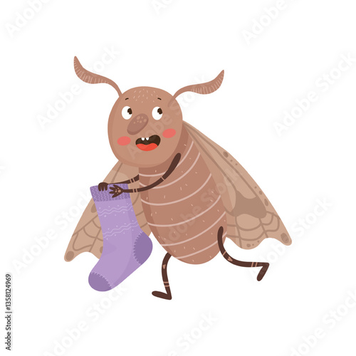 Vector illustration of a moth carrying a small, purple sock.