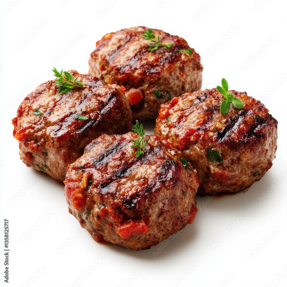 Grilled Meatballs with Fresh Herbs and Colorful Vegetables on White Background Grilled Meatballs with Fresh Herbs and Colorful Vegetables on White Background