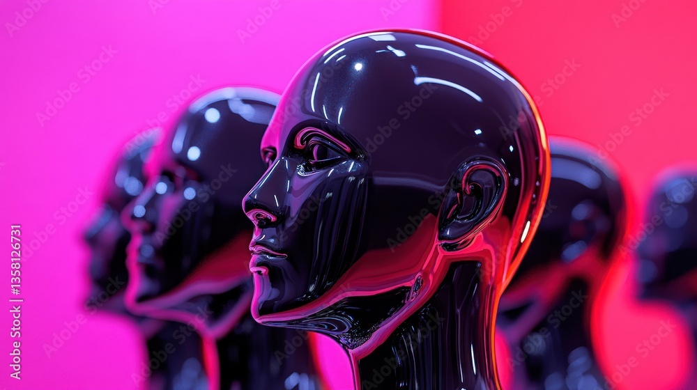 Glossy Black Mannequin Heads in Pink and Red Light Glossy Black Mannequin Heads in Pink and Red Light