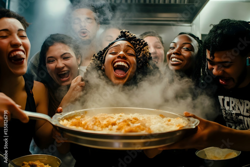 Joyful Friends Celebrate Over Steaming Dish in Kitchen Setting
