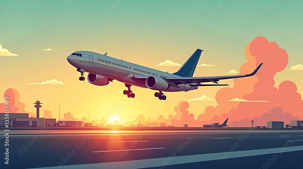 Obraz premium Stylized digital illustration of a commercial airplane taking off from an airport runway, symbolizing travel and logistics