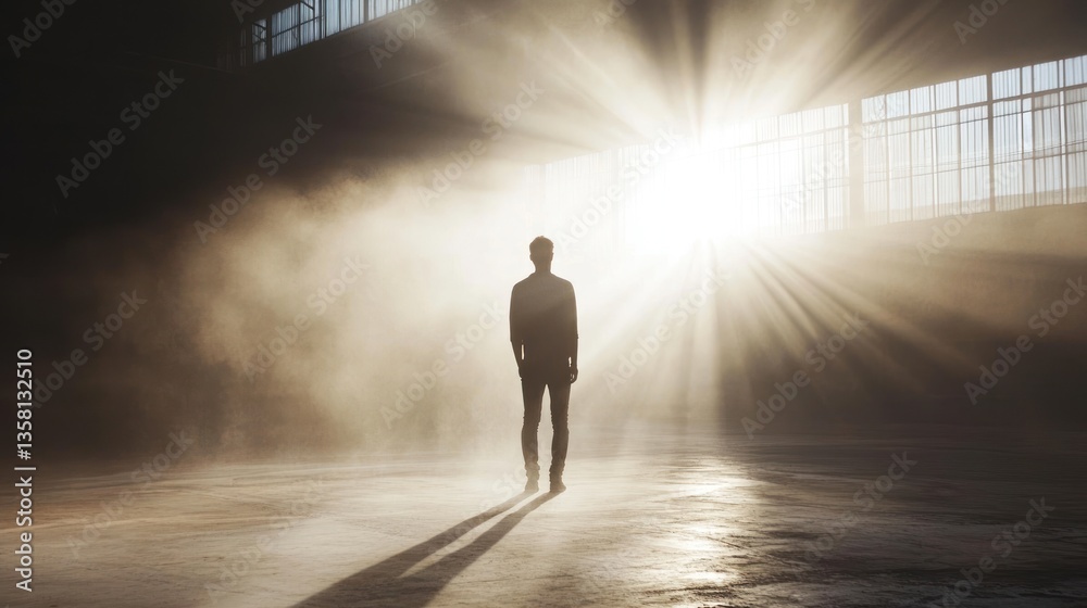 Fototapeta premium Man Silhouette Stands In Dusty Sunlit Warehouse