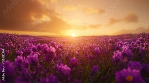 Beautiful purple field blooming at the golden hour sunset