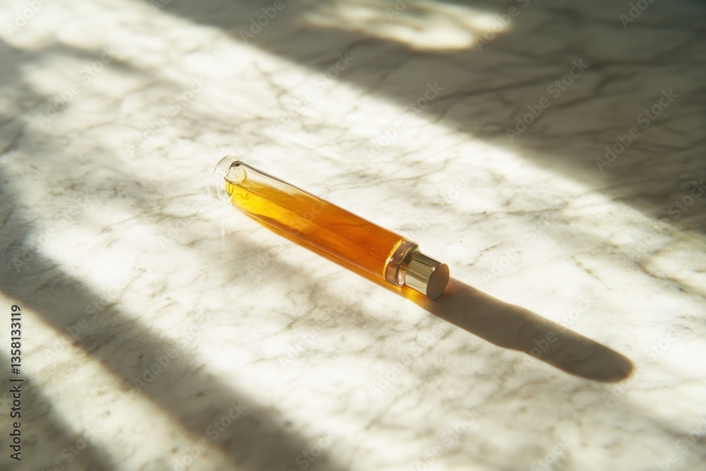 Sunlit Amber Perfume with Marble Surface, and Luxury Scent. Sunlit Amber Perfume with Marble Surface, and Luxury Scent.