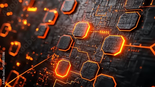 Abstract digital circuitry with glowing orange accents on a textured black background, symbolizing technology