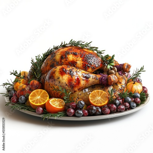 Roasted Thanksgiving Turkey with Fruit Garnish on Gray Platter photo